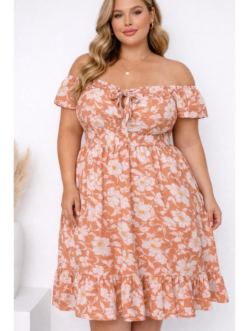 New Torrid Peach Floral Off-Shoulder Tie Front Dress